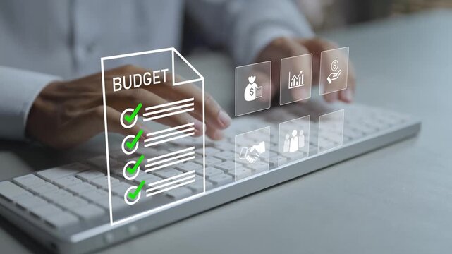 Financial budget planning concept. Person typing keyboard with accounting and analytics icons, budget allocation, financial forecasting and expense tracking.