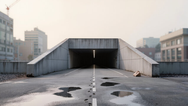 Large gray urban tunnel entrance structure.
