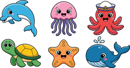 Cute sea animals vector icon set with cartoon dolphin jellyfish sailor octopus turtle starfish and whale isolated on white backgroundCute sea animals vector icon set with cartoon  © Yesrath Hasan Sobuj