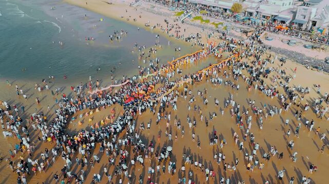 Aerial high view: Nghinh Ong Festival parade and massive crowd, Vietnam
