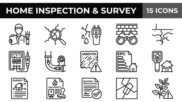 Home inspection and survey line icons, 15 property assessment vector elements, real estate building audit symbols