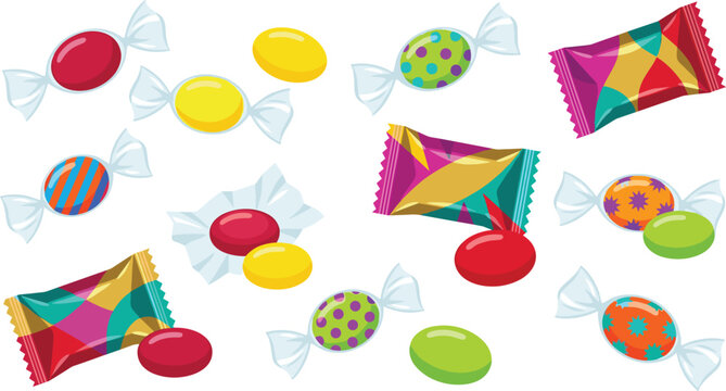 Colorful Candy Vector Collection with Wrapped Sweets, Hard Candies, and Packaging Illustrations for Kids Dessert and Confectionery Designs