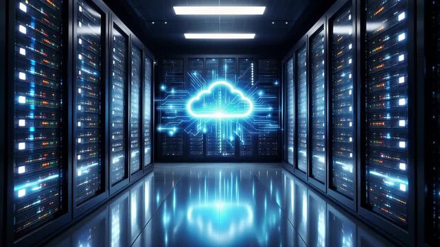 High-tech data center interior with rows of illuminated server racks and a glowing neon cloud hologram symbolizing cloud computing, network infrastructure, and digital storage.