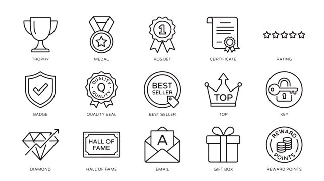 Black and white line icons of awards and recognition symbols on a white background for business concepts