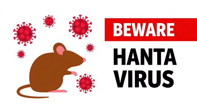 Hanta virus warning with a brown mouse and red virus cells on a white background art