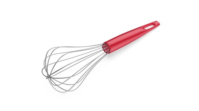 Balloon whisk with red handle on white background