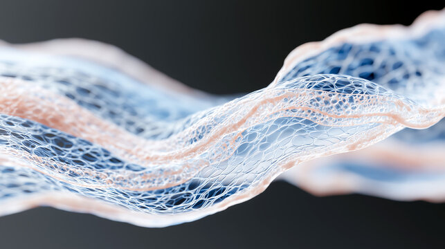 Bioengineered artificial skin scaffold, transparent cellular mesh for wound healing, dermal regeneration and medical transplantation. Future of reconstructive surgery and biotechnology.
