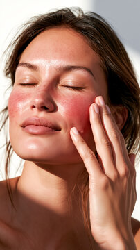 Young woman gently touching severely flushed rosacea cheeks with eyes closed in bright sunlight. Glowing sensitive skin, erythema, facial redness and premium soothing dermatology skincare concept.