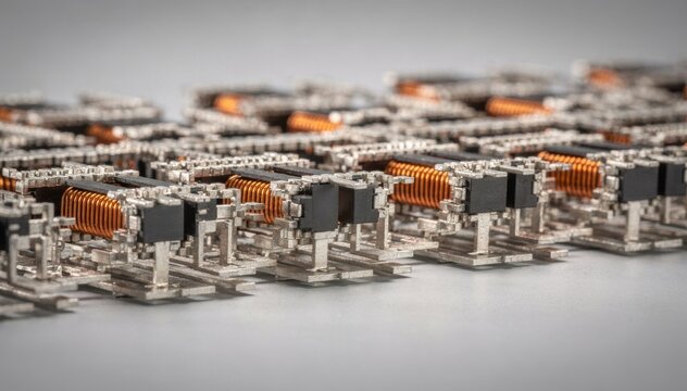 Medium shot of telecom mini SMD transformers neatly aligned on lead frames highlighting intricate soldering and compact design ideal for signal transmission applications.