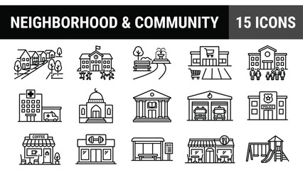 Fototapeta premium Neighborhood and community line icons, 15 city building vector set, urban infrastructure and public service symbols