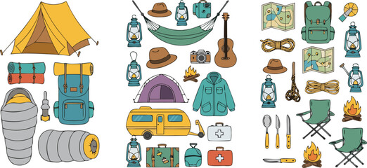 Camping adventure vector illustration set featuring tent backpack lantern camper van and outdoor travel equipment collection © Yevhenii creative