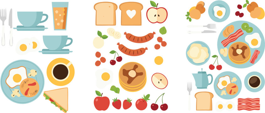 Breakfast food vector illustration set featuring pancakes eggs bacon coffee toast and healthy morning meal elements collection