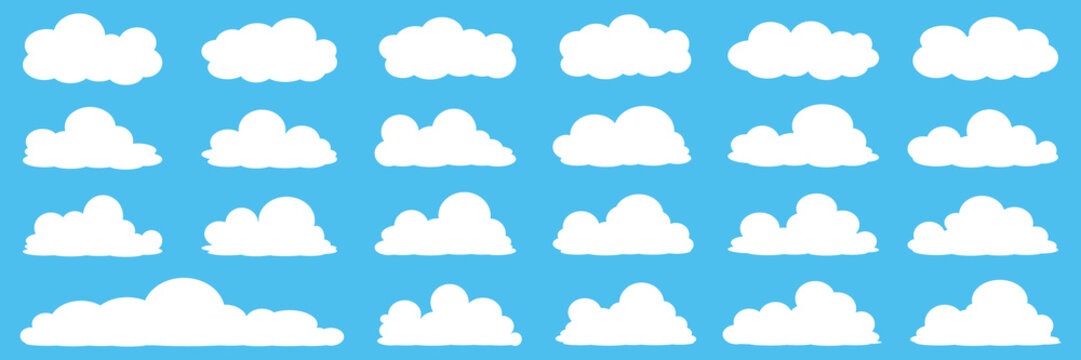 set of vector illustrations of clumpy clouds, cloud bubbles in flat style on a blue background