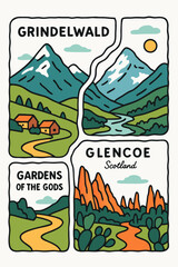 Obraz premium Scenic Mountain Landscapes of Grindelwald and Glencoe with Gardens of the Gods Illustration