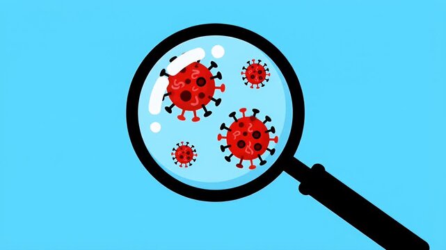 coronavirus under magnifying glass showing red virus cells on a blue background scene