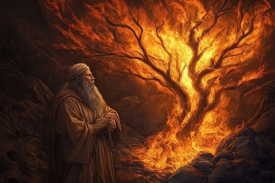 Encounter between Moses and the burning bush representing divine communication.