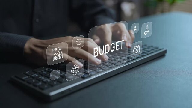 Budget planning and management concept. Person typing keyboard with financial planning and expense management icons, budget control, cost analysis and business finance strategy.