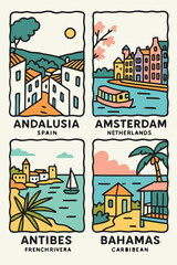 Obraz premium Travel Destinations Collage: Andalusia, Amsterdam, Antibes, and Bahamas