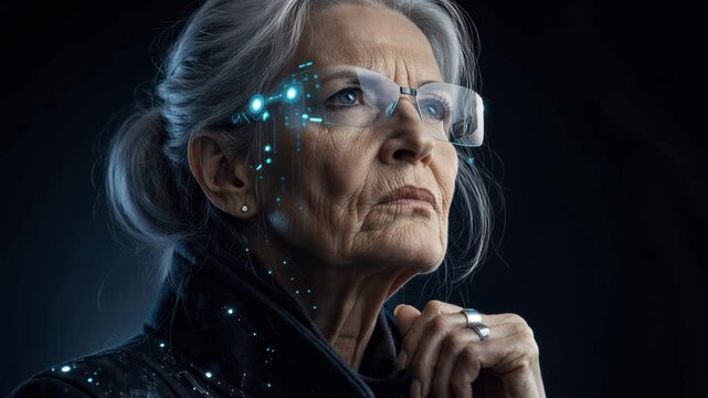 Thoughtful cinematic portrait of an elderly woman with subtle cybernetic facial implants and a glowing augmented reality interface projected from her glasses, futuristic and wise