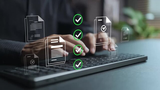 Business performance checklist for form approval concept. Person typing keyboard with approval and performance tracking icons, workflow verification, KPI monitoring and business process management.