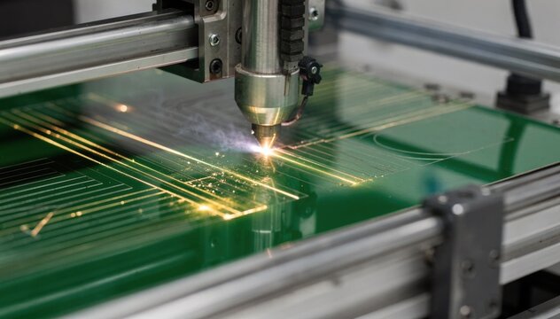 Laser scribing machine etching fine lines on green capacitor sheets in a clean industrial environment preparing chips for firing.