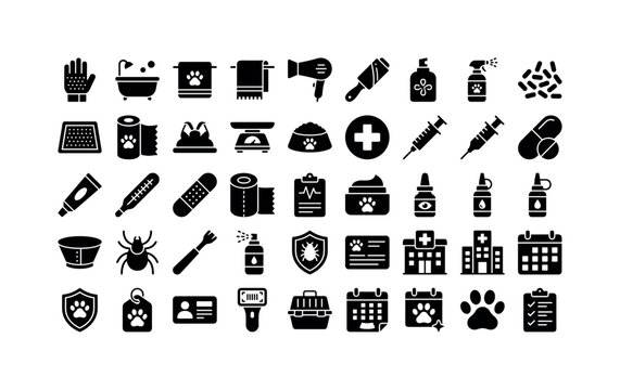 Feline Health Hygiene. Solid glyph icon set of feline hygiene, health, and pet keeping: grooming glove, bath tub, pet towel, fur dryer, lint roller, deodorizing spray, litter pellets, litter mat,