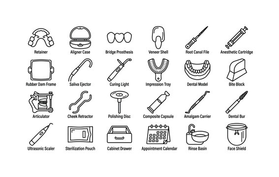 Orthodontic Treatment Tools. Line icon set of dental restoration objects: retainer, aligner case, bridge prosthesis, veneer shell, root canal file, anesthetic cartridge, rubber dam frame, saliva