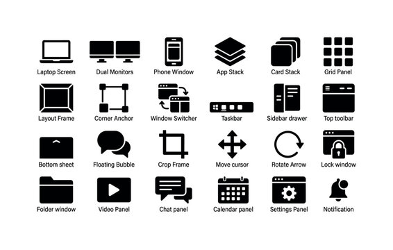 Multitask Desktop Symbols. Solid glyph icon set of window layout and multitasking screen modes objects: laptop screen, dual monitors, phone window, app stack, card stack, grid panel, layout frame,