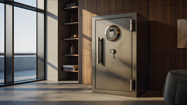 Modern secure vault room interior with large metal safe door in luxury office