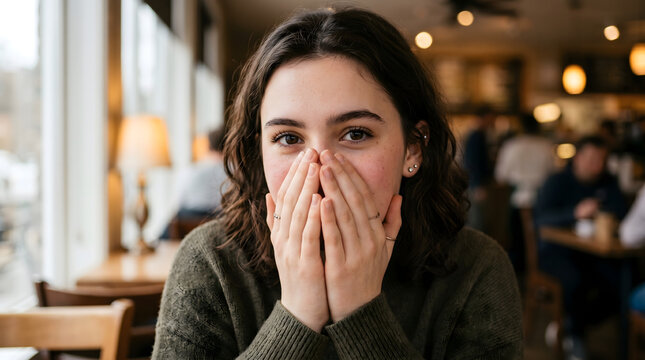 Young woman covering her mouth with hands in a cafe