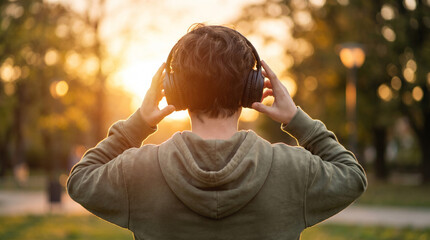 Fototapeta premium Young man wearing headphones listening to music in park at sunset
