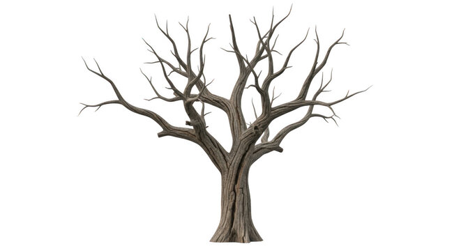 Large old leafless oak tree with bare brown branches standing alone in a simple natural style view isolated on transparent background