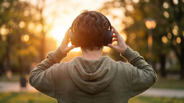 Young man wearing headphones listening to music in park at sunset