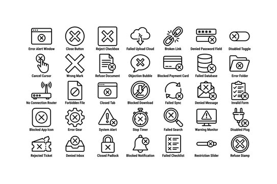 Reject Error Controls. Line icon set of blocked error and refusal interface objects: error alert window, close button, reject checkbox, failed upload cloud, broken link, denied password field,