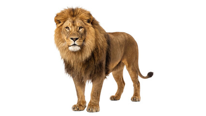 Majestic adult male african lion standing in profile showing big mane isolated on transparent background png art. © Png ProTeam