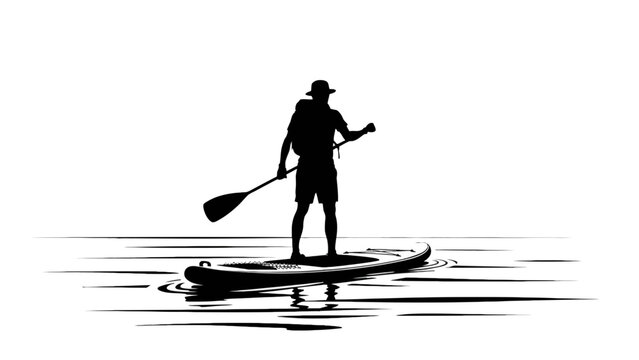 Stand up paddleboard, silhouette of man paddling, black icon, water sports vector