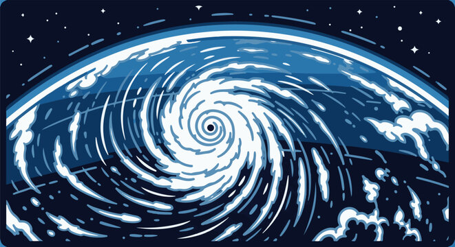Swirling blue and white hurricane seen from space against dark starry sky