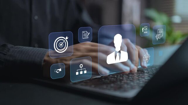 HR management system concept. Person using laptop with employee management and human resource icons, workforce administration, staff management and business operations.