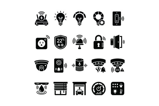 Smart home automation black solid glyph icon set, internet of things iot house control symbols vector