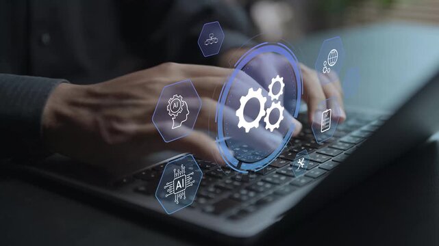 RPA robotic process automation concept. Person using laptop with automation and workflow icons, business process automation, digital transformation and operational efficiency.