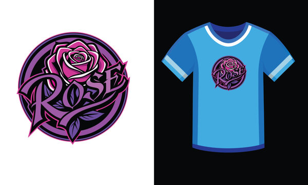 Vintage Purple Rose Floral Typography Emblem Blue Ringer T-Shirt.