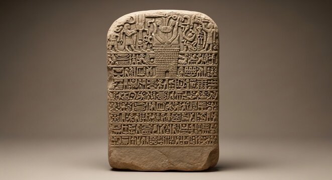 Ancient stone tablet with hieroglyphs illuminated in neutral lighting