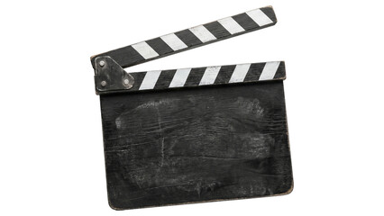 Fototapeta premium Vintage black wooden clapboard with white stripes isolated on transparent background for cinema production use.