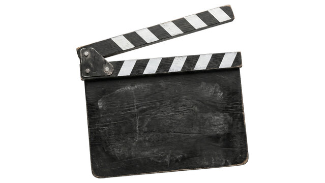 Vintage black wooden clapboard with white stripes isolated on transparent background for cinema production use.