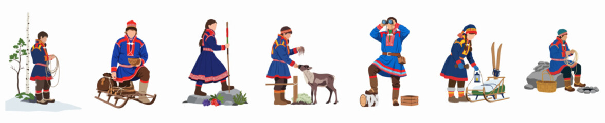 Collection of Sami people illustrations wearing traditional gákti costumes and performing daily activities like reindeer herding, foraging, and traveling in the Arctic. © Nurul