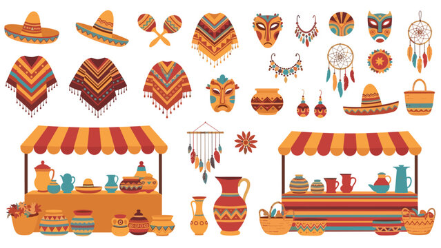 Set of colorful Mexican cultural elements including sombreros ponchos maracas masks dreamcatchers and traditional market stalls.