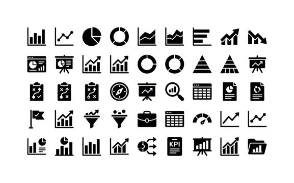 Business Graph Analytics. Solid glyph icon set of diagram graph business analytics and reports: bar chart, line graph, pie chart, donut chart, area chart, horizontal bar chart, growth arrow, decrease