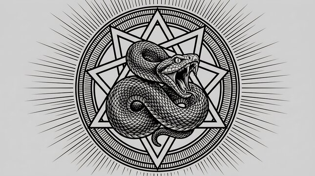 Grayscale snake and star geometric occult design
