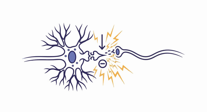 Stylized illustration of a neuron transmitting a signal across a synapse with electrical impulses
