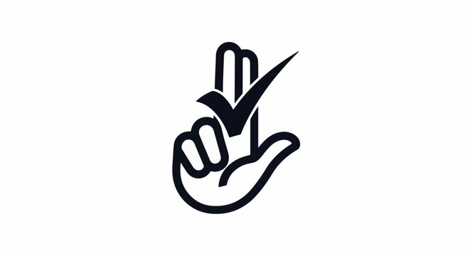 Stylized hand with two fingers raised and a checkmark